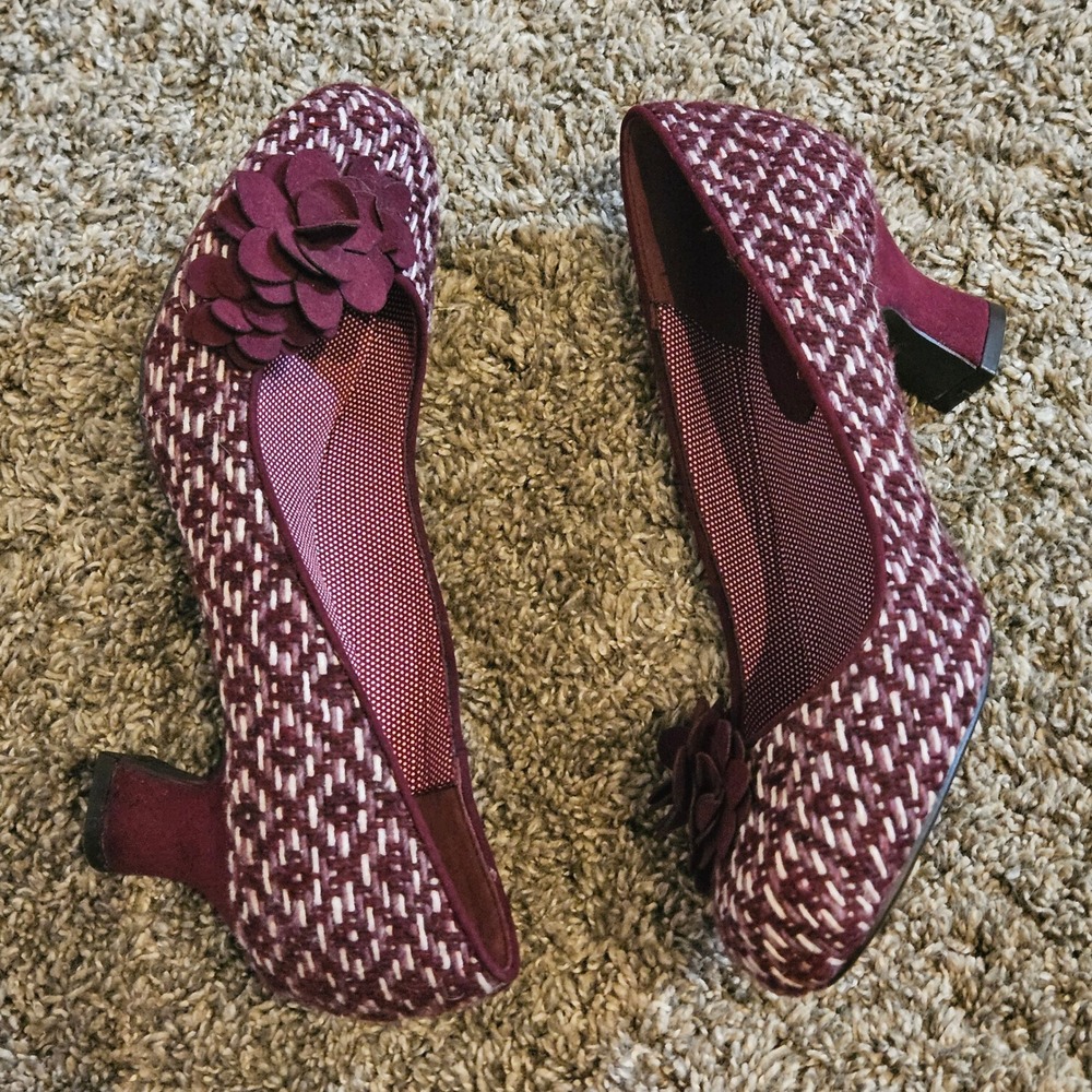 Ruby Shoo Petra Mid Heel Court Shoe Pumps Size 7 Burgundy Woven Floral Retro